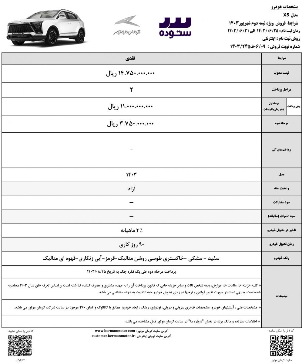 شرایط فروش نقدی با قیمت قطعی Kmc X5